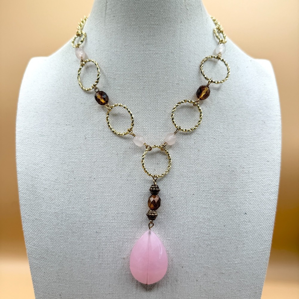 Pink Faceted Teardrop Pendant Necklace Gold Tone Boho Coquette Y2K Statement